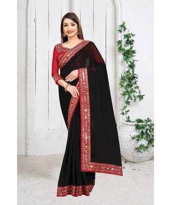 black plain georgette mirror work saree with blouse 1