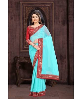 turquoise plain georgette mirror work saree with blouse 1