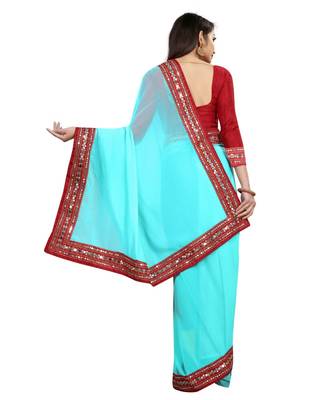 turquoise plain georgette mirror work saree with blouse 2