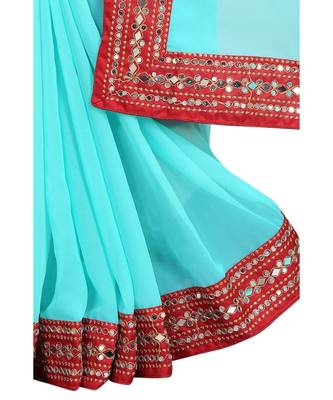 turquoise plain georgette mirror work saree with blouse 3