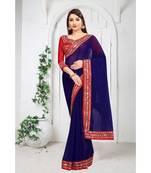 blue plain georgette mirror work saree with blouse