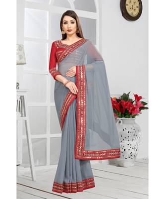 grey plain georgette mirror work saree with blouse 1