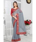 grey plain georgette mirror work saree with blouse