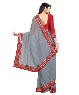 grey plain georgette mirror work saree with blouse 2