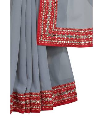 grey plain georgette mirror work saree with blouse 3