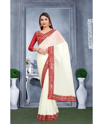 Cream plain georgette mirror work saree with blouse 1