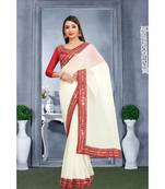 Cream plain georgette mirror work saree with blouse