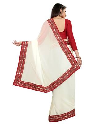 Cream plain georgette mirror work saree with blouse 2