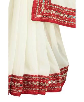 Cream plain georgette mirror work saree with blouse 3