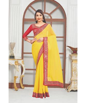 Yellow plain georgette mirror work saree with blouse 1
