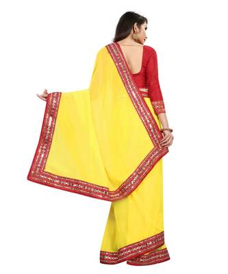 Yellow plain georgette mirror work saree with blouse 2