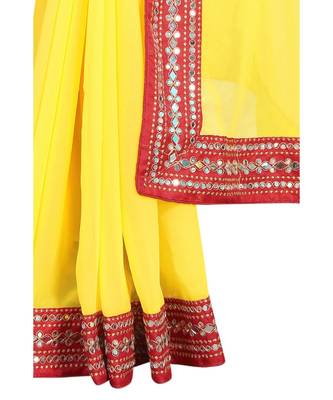 Yellow plain georgette mirror work saree with blouse 3