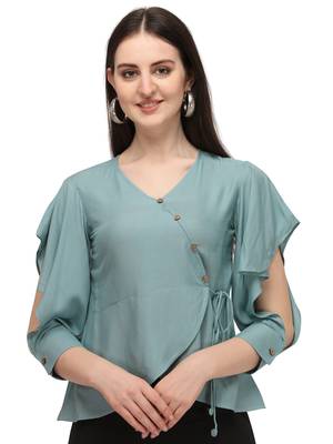 Light Grey Solid Rayon Wrap Women's Western Top 1