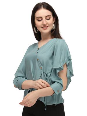 Light Grey Solid Rayon Wrap Women's Western Top 3