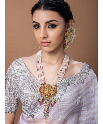 Multicolored Gold Plated Temple Figure Necklace Set With Earrings 1
