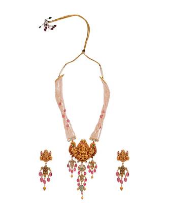 Multicolored Gold Plated Temple Figure Necklace Set With Earrings 2