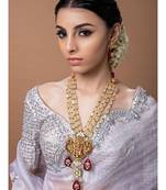 Gold Plated Green Temple Figure Beaded Necklace And Earring Set