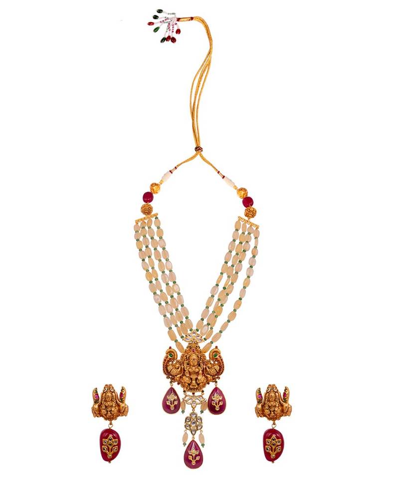 Gold Plated Green Temple Figure Beaded Necklace And Earring Set