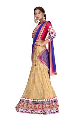 Beige embroidered net semi stitched lehenga 3