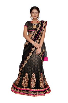 Black embroidered net semi stitched lehenga 1