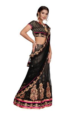 Black embroidered net semi stitched lehenga 3