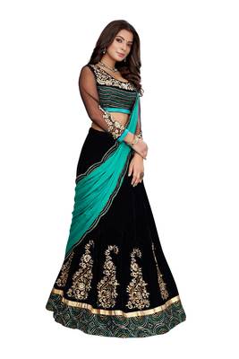 Black embroidered velvet semi stitched lehenga 3