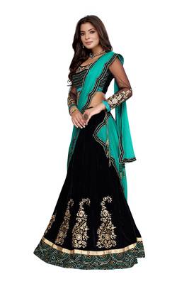 Black embroidered velvet semi stitched lehenga 1