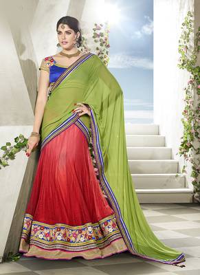 Red embroidered net semi stitched lehenga 1