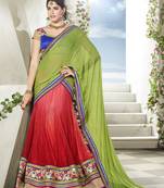 Red embroidered net semi stitched lehenga