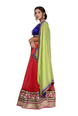 Red embroidered net semi stitched lehenga 2