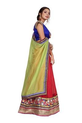 Red embroidered net semi stitched lehenga 3