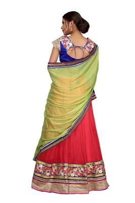 Red embroidered net semi stitched lehenga 4