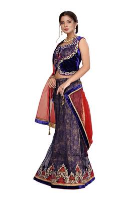 Blue embroidered net semi stitched lehenga 2