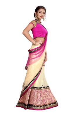 Beige embroidered net semi stitched lehenga 2