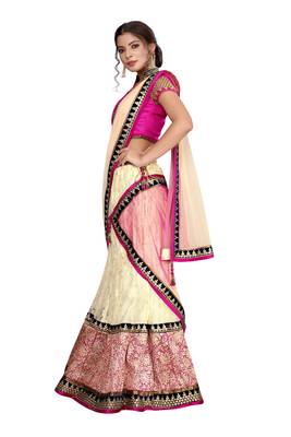 Beige embroidered net semi stitched lehenga 3