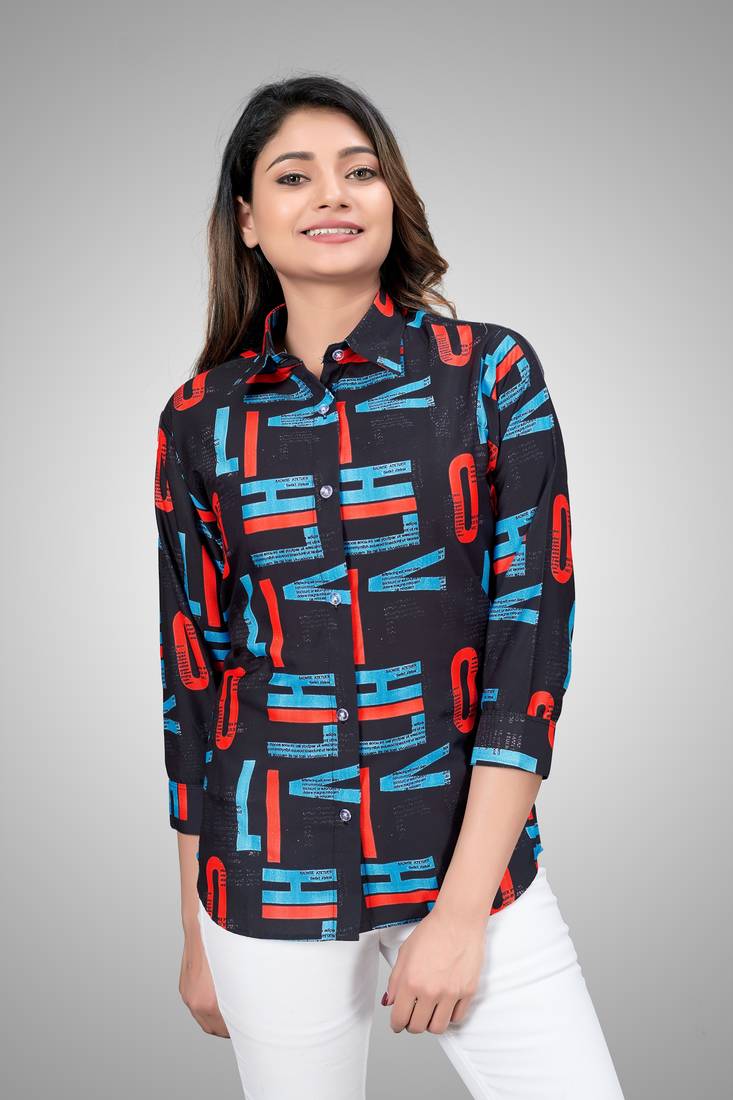 Women's Blue Cotton Printed Regular Shirt