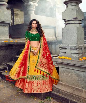 Yellow  Embroidered Silk Semi Stiched Lehenga  1