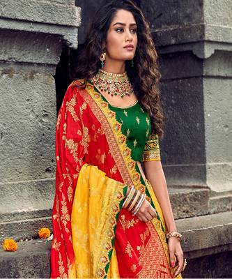 Yellow  Embroidered Silk Semi Stiched Lehenga  2