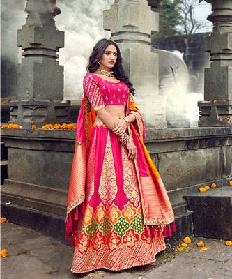 Rani Pink Embroidered Silk Semi Stiched Lehenga 1