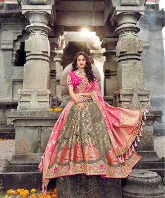 Beige and Pink Heavy Embroidered Designer Lehenga  1