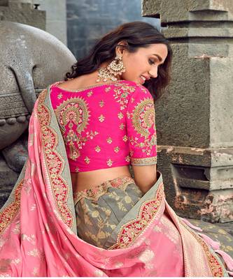 Beige and Pink Heavy Embroidered Designer Lehenga  2