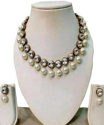 Crystal Stones Studded Pearls Necklace  Set With Matching Earrings For Women And Girls 1