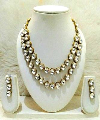 Crystal Stones Studded Pearls Necklace  Set Daily Use With Matching Earrings For Women And Girls 1