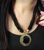 Crystal Shine Multistrand Black Beads Ethnic Kundan Necklace  & Earring Set For Women