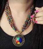 Crystal Shine Multistrand Multi Beads Ethnic Kundan Necklace  & Earring Set For Women