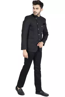 Black plain cotton bandhgala-suit