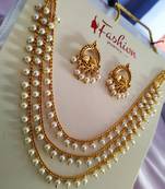 Classic Gold Plated Layered Chain With Pearls Necklace  Set With Matching Earrings For women & Girls