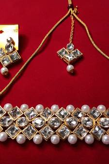  Alloy Gold Plated White Stones Jewellery Set With pearls For women & Girls