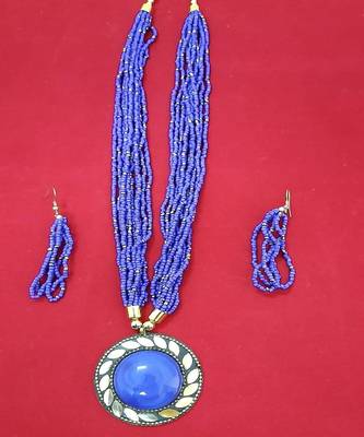 Crystal Shine Multistrand Blue Beads Ethnic Kundan Necklace  & Earring Set For Women 1