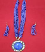 Crystal Shine Multistrand Blue Beads Ethnic Kundan Necklace  & Earring Set For Women